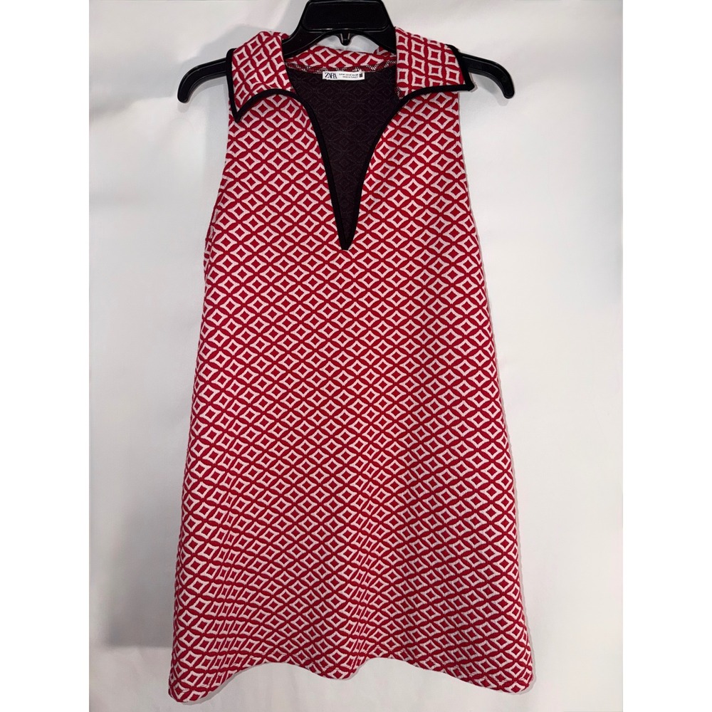 Zara Red White Geometric Diamond Knit Mini Dress Sleeveless Mod Collar Medium